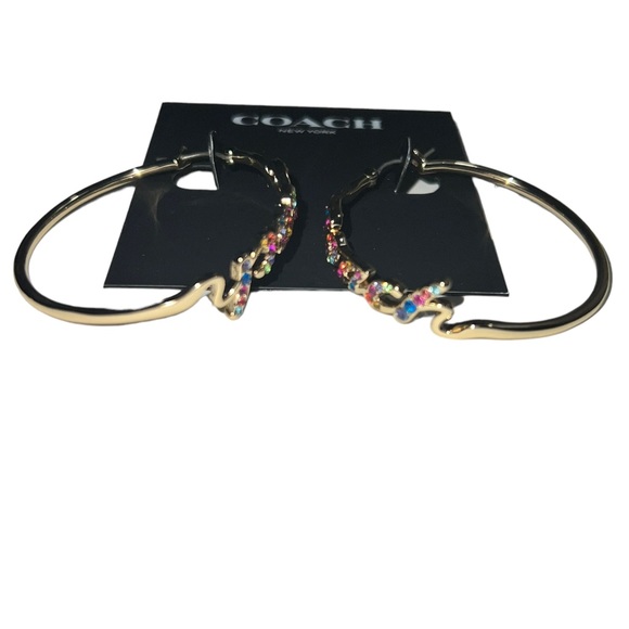 COACH Gold Tone Hypoallergenic Rainbow Crystal Logo Script Hoop Earrings - Picture 8 of 10
